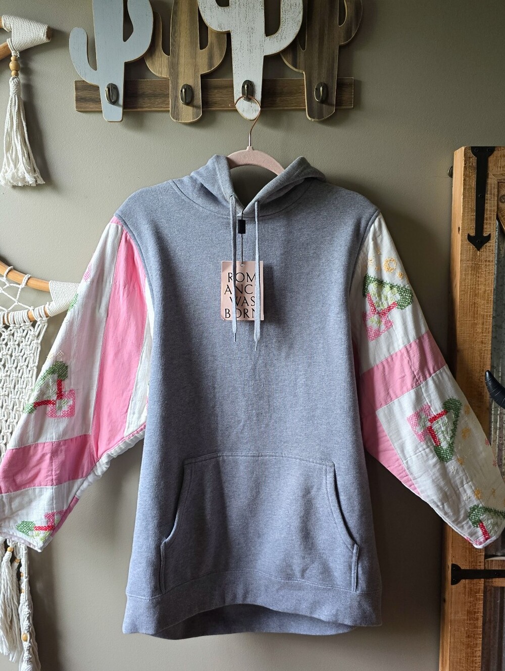 Romance Was Born Quilted Cross Stitch Sleeve Pullover Hoodie Nwt